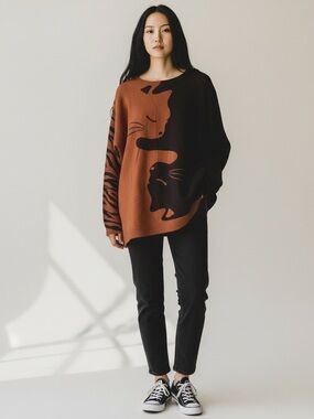 Cat Graphic Colorblock Sweater - Dark brown & Rust